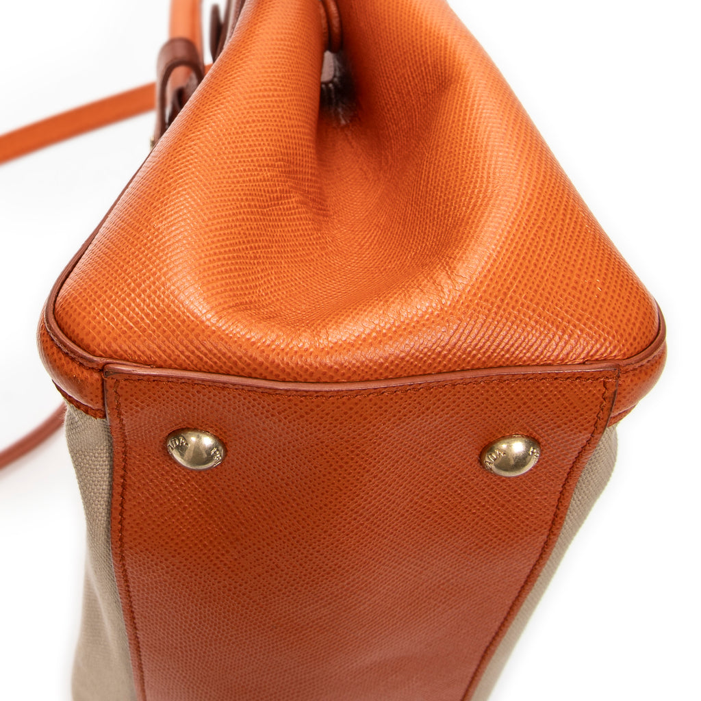 Shoulder Bag Medium Top Handle Tote Orange Woven Canvas