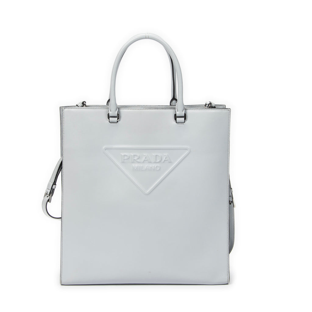 Shoulder Bag Embossed Logo Vertical Tote Light Blue Soft Calfskin Leather