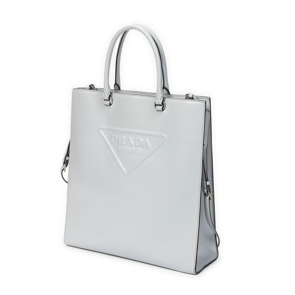 Shoulder Bag Embossed Logo Vertical Tote Light Blue Soft Calfskin Leather