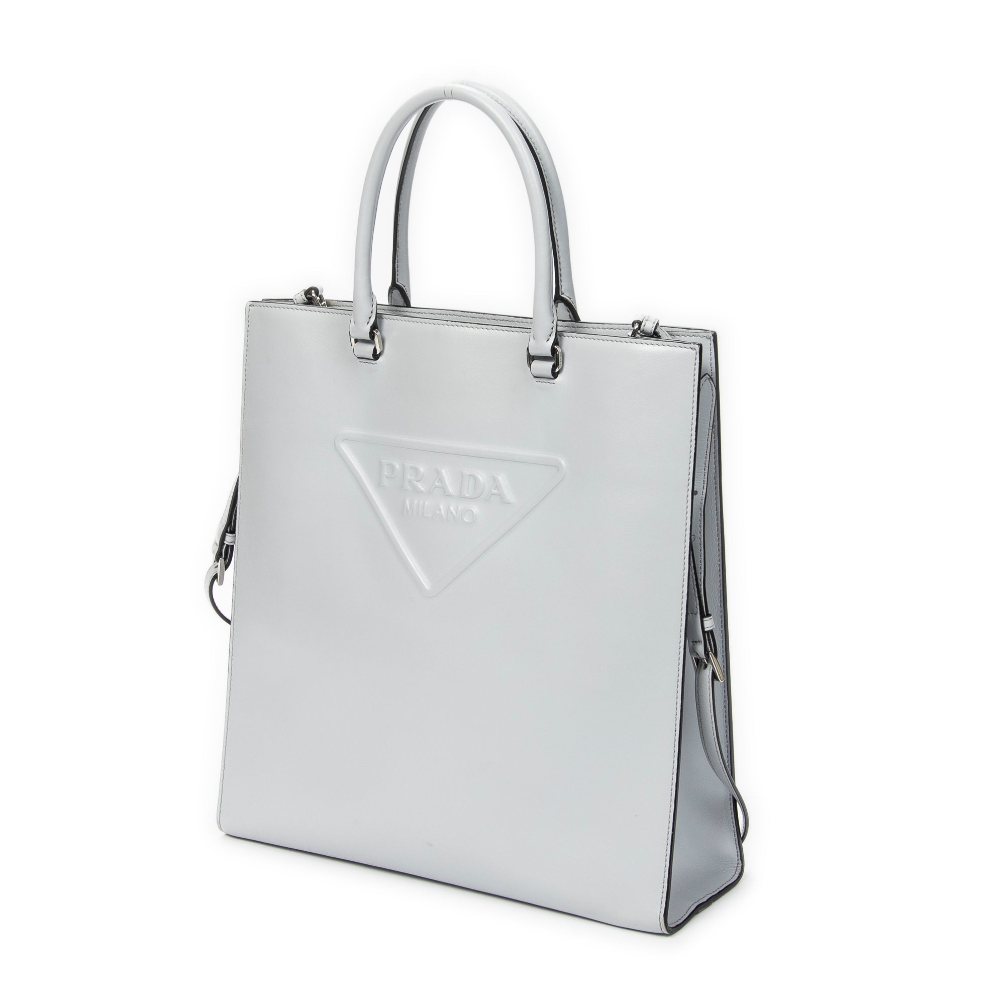 Shoulder Bag Embossed Logo Vertical Tote Light Blue Soft Calfskin Leather