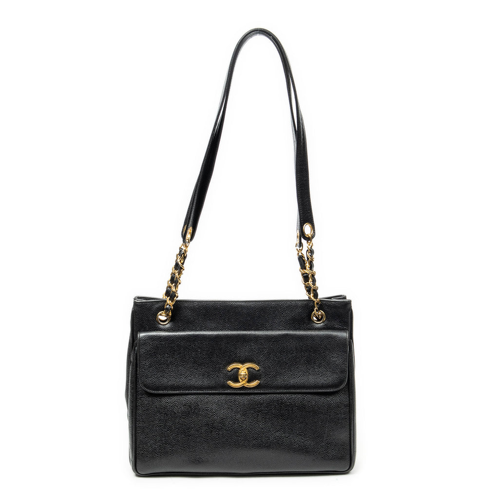 Shoulder Bag CC Front Pocket Chain Tote Black Caviar Leather