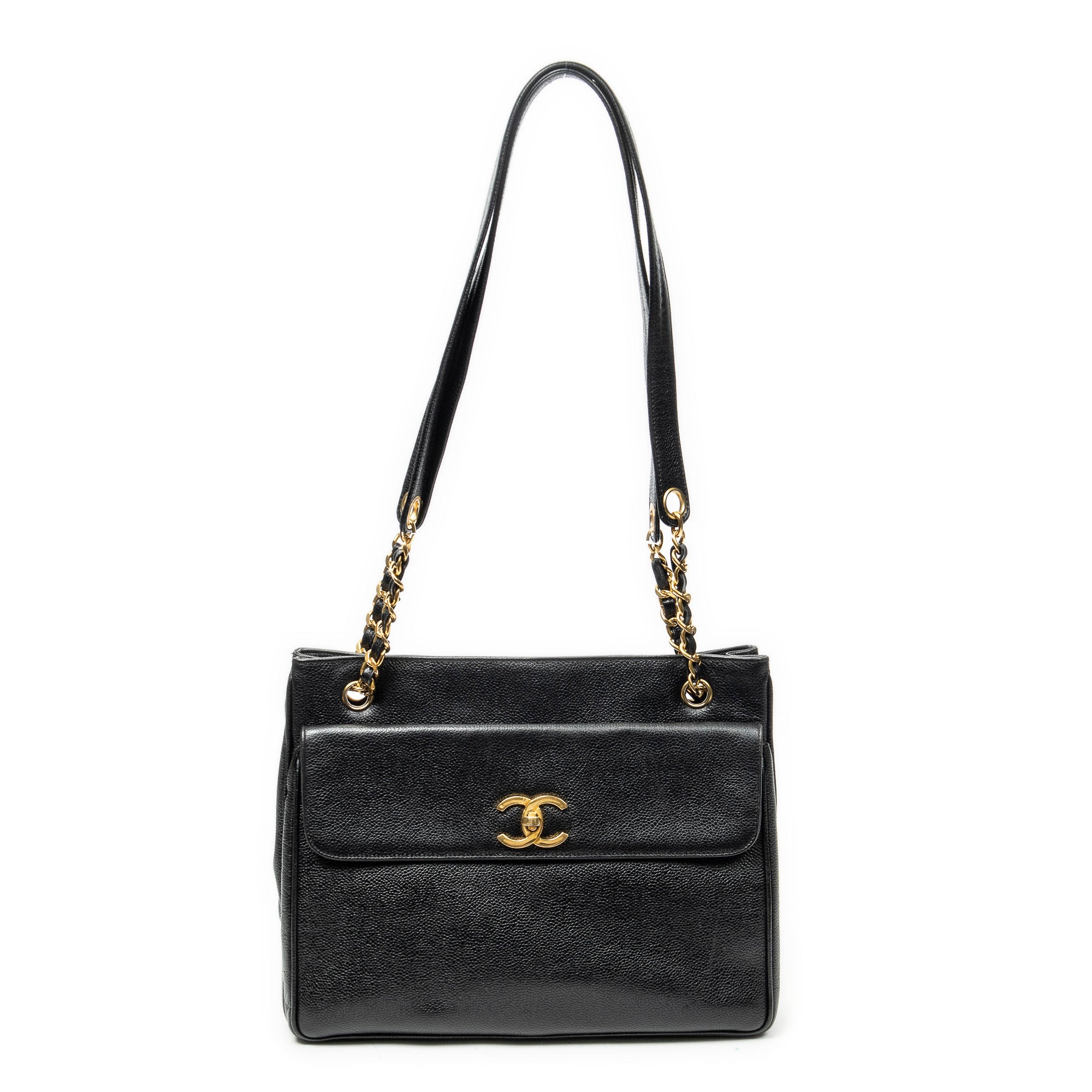 Shoulder Bag CC Front Pocket Chain Tote Black Caviar Leather
