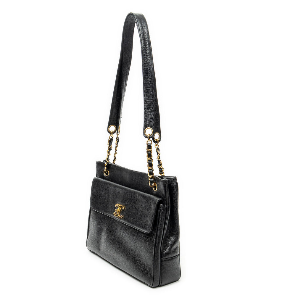 Shoulder Bag CC Front Pocket Chain Tote Black Caviar Leather