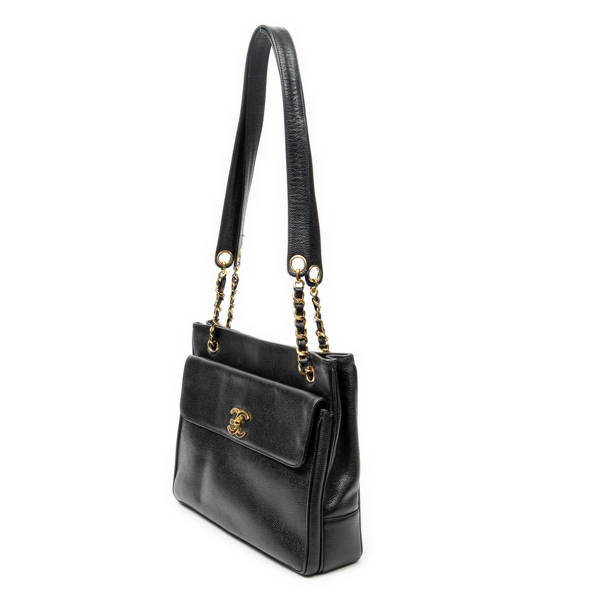 Shoulder Bag CC Front Pocket Chain Tote Black Caviar Leather