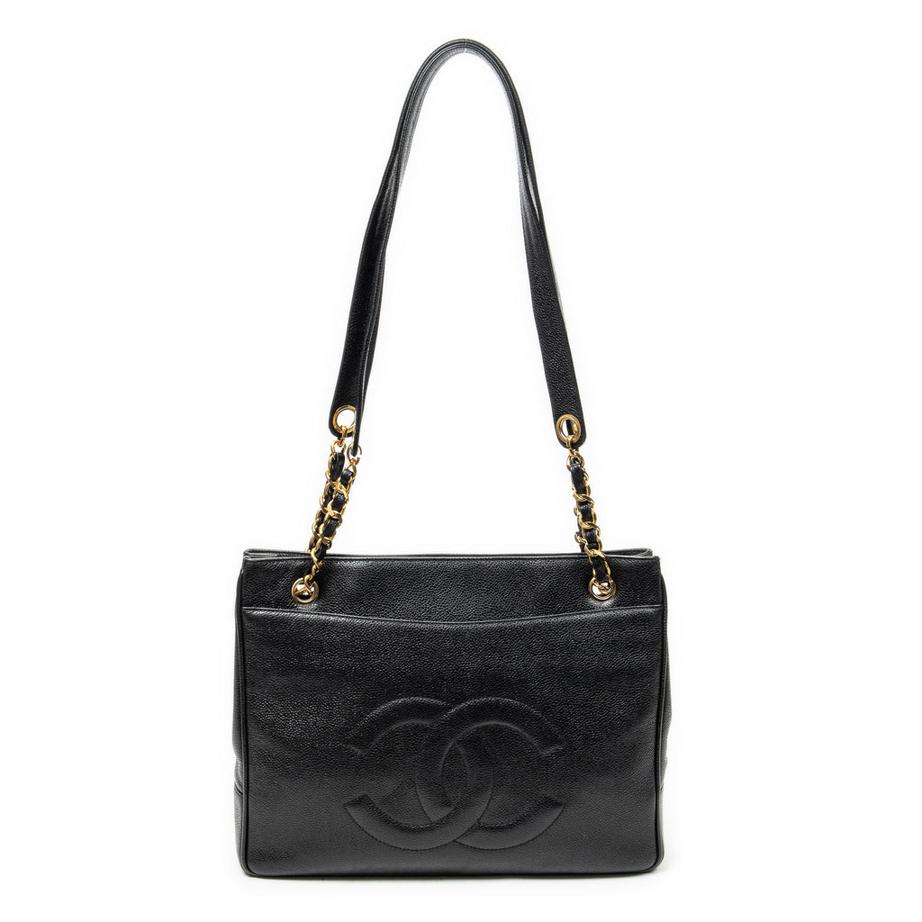 Shoulder Bag CC Front Pocket Chain Tote Black Caviar Leather