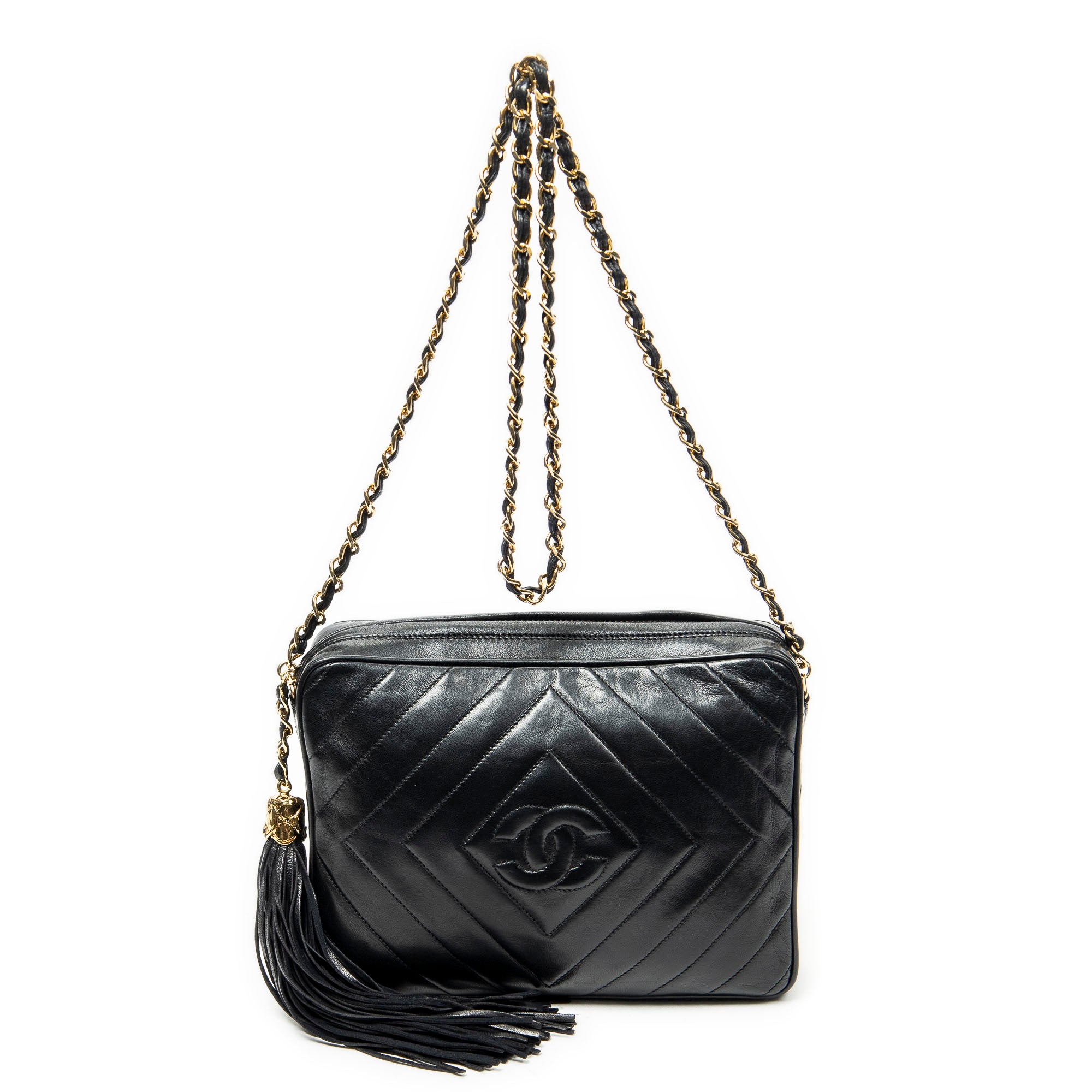 Shoulder Bag CC Tassel Camera Bag Black Diamond Quilted Lambskin Leather