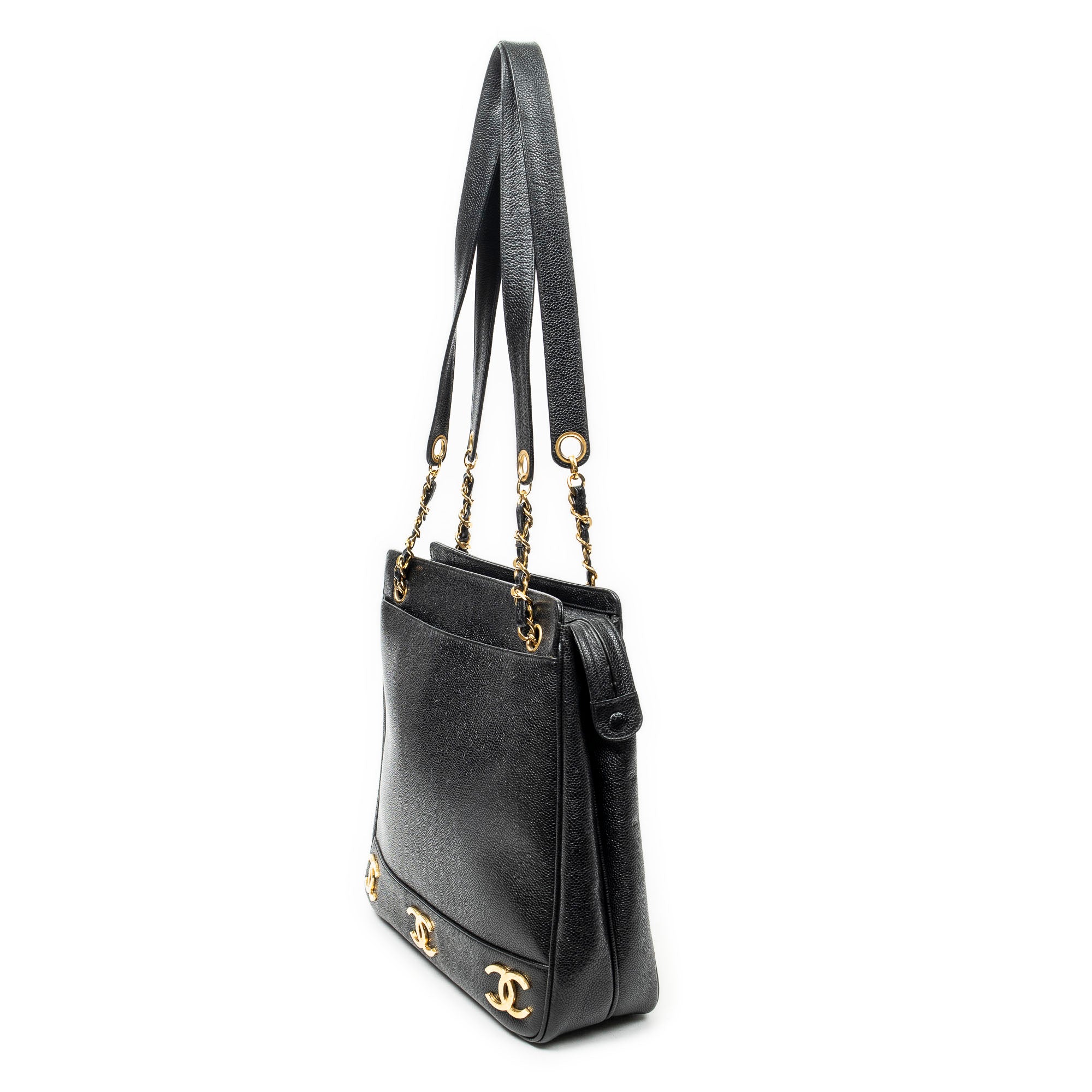 Shoulder Bag Triple CC Chain Tote Black Caviar Leather