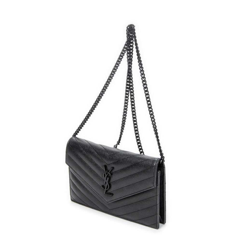Shoulder Bag Envelope Wallet On Chain Black Quilted Grain de Poudre Leather