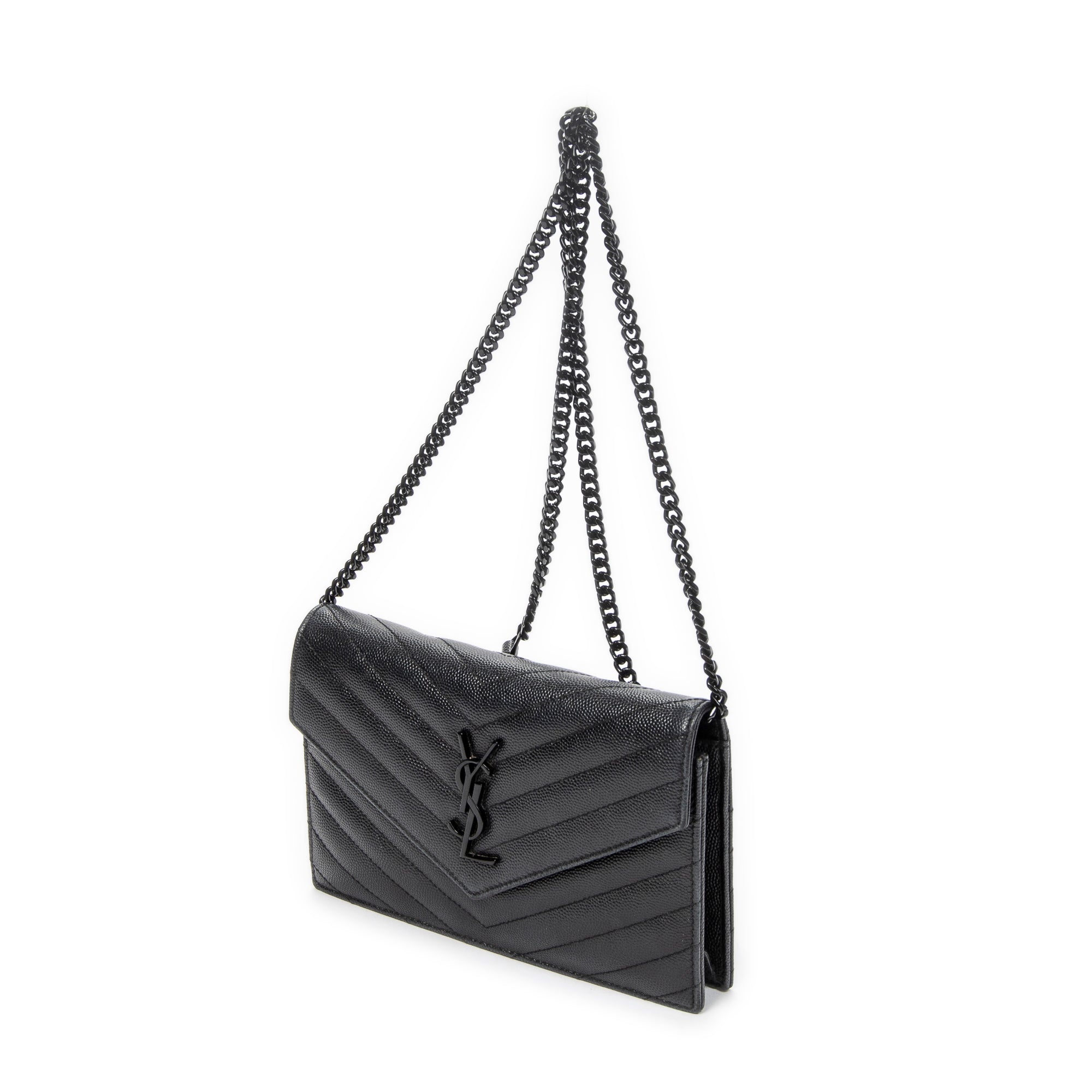 Shoulder Bag Envelope Wallet On Chain Black Quilted Grain de Poudre Leather