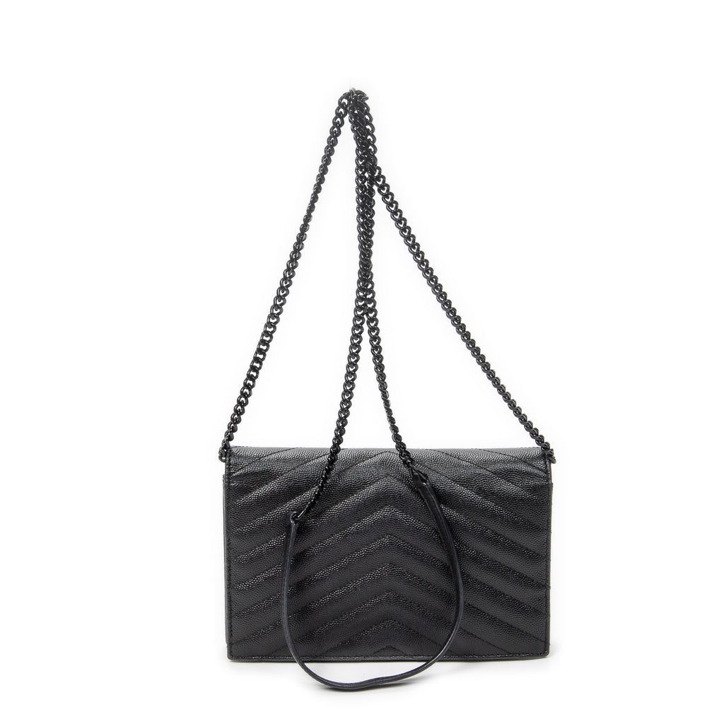 Shoulder Bag Envelope Wallet On Chain Black Quilted Grain de Poudre Leather