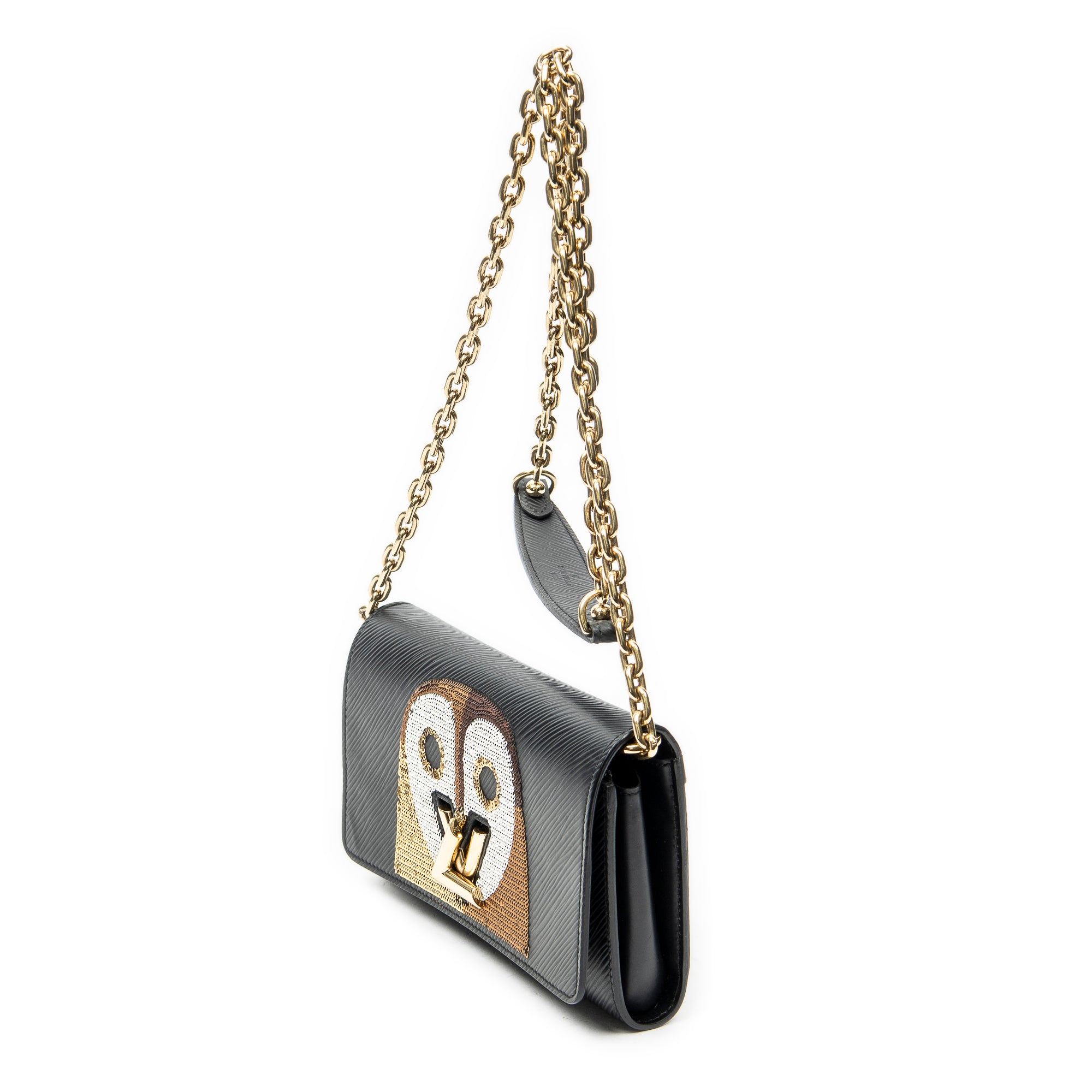 Shoulder Bag Owl Sequin Twist Chain Wallet Black Epi
