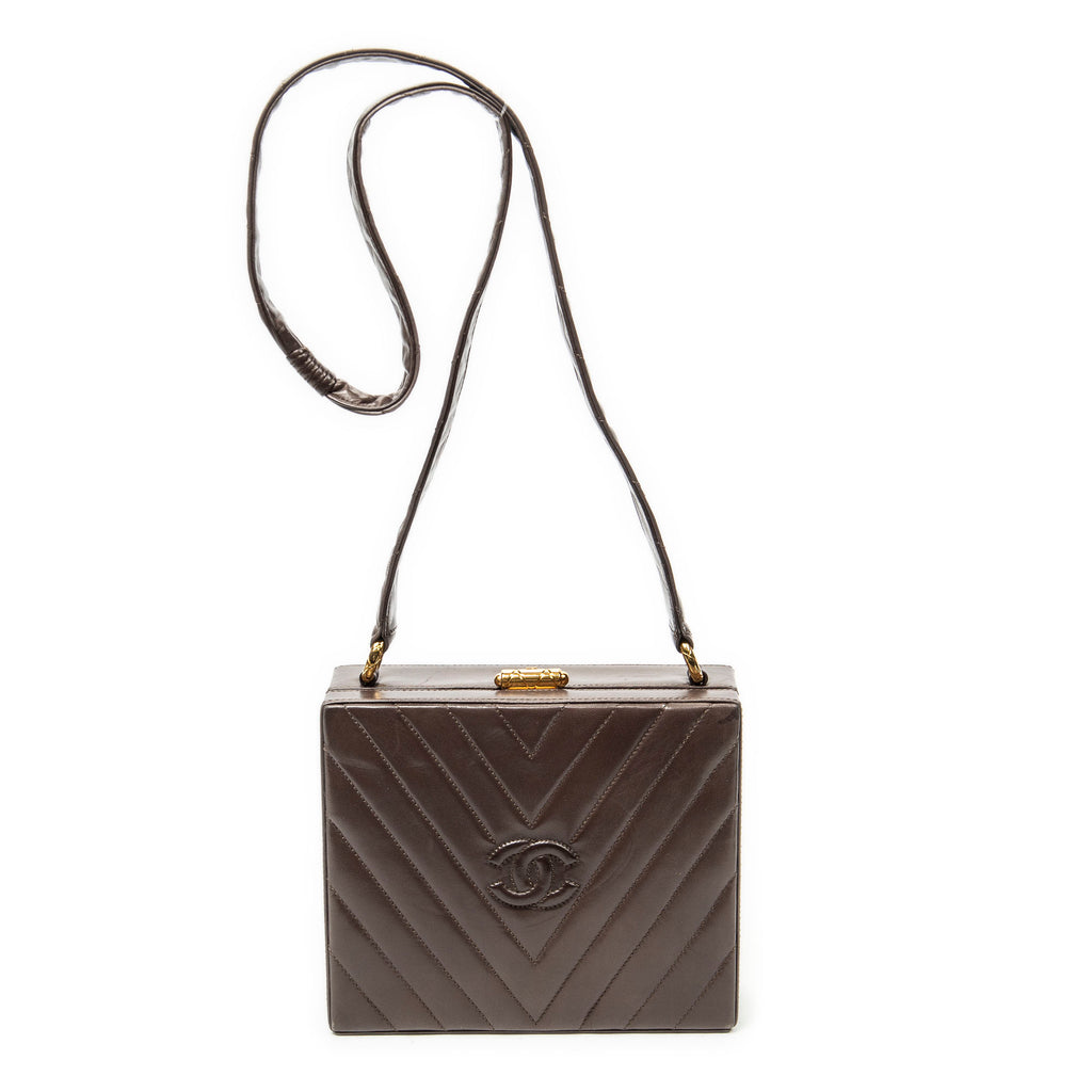 Shoulder Bag Vintage CC Square Box Bag Brown Quilted Chevron Leather