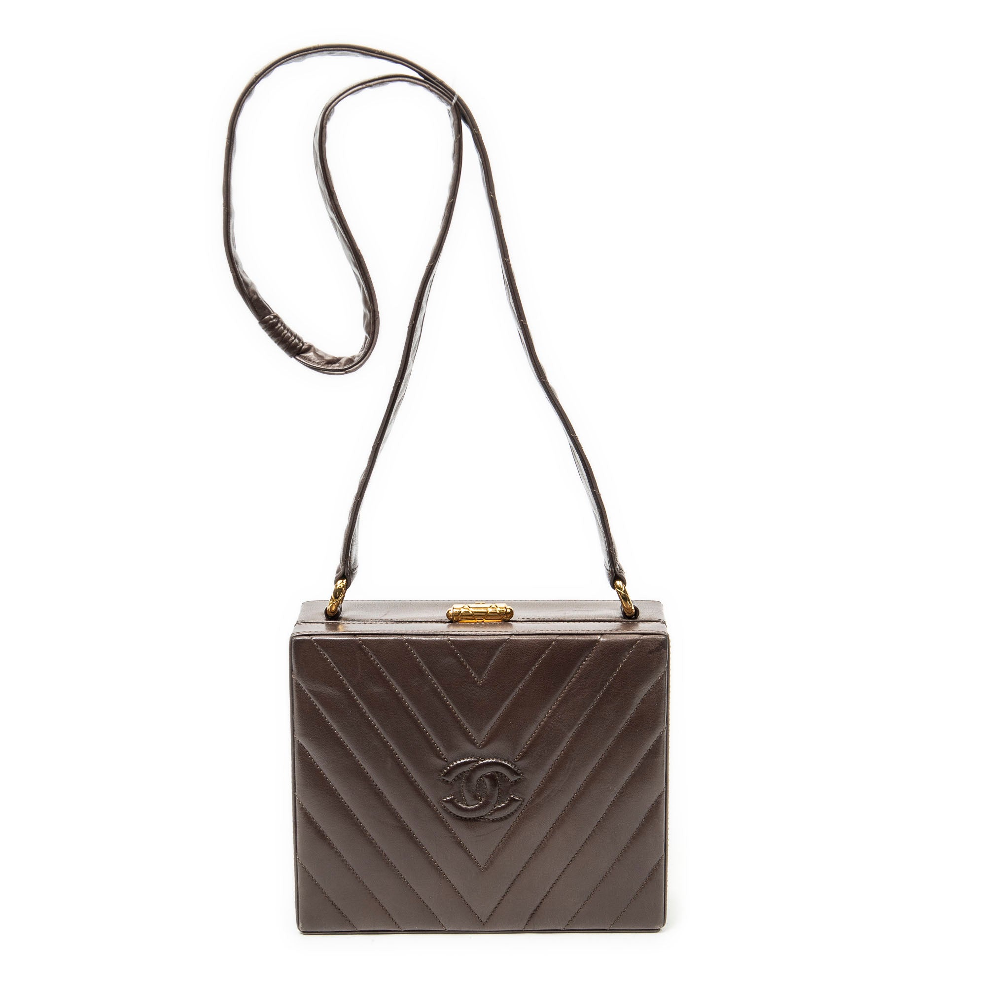 Shoulder Bag Vintage CC Square Box Bag Brown Quilted Chevron Leather