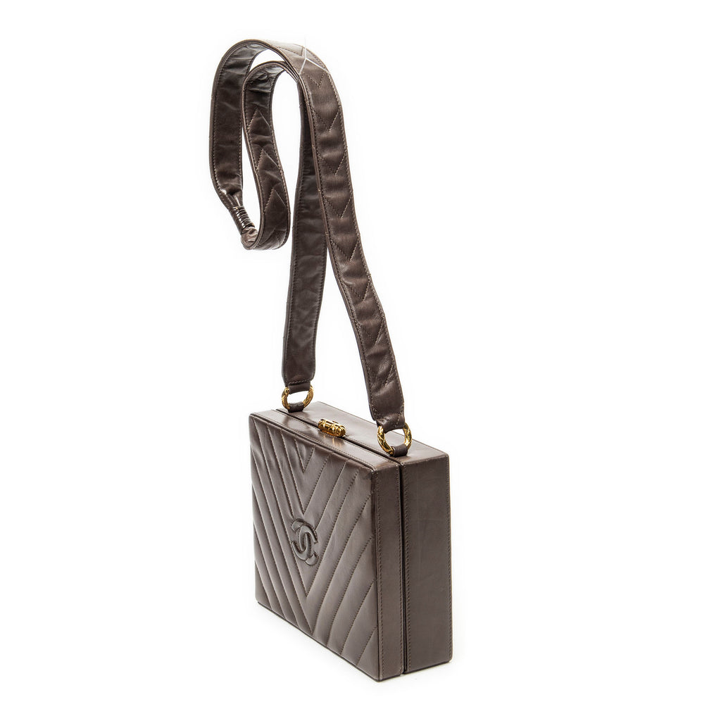 Shoulder Bag Vintage CC Square Box Bag Brown Quilted Chevron Leather