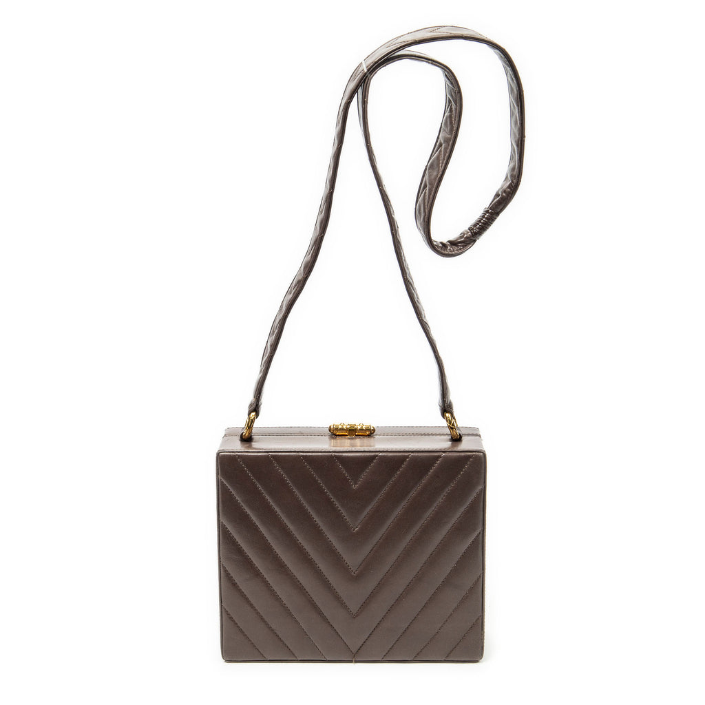 Shoulder Bag Vintage CC Square Box Bag Brown Quilted Chevron Leather