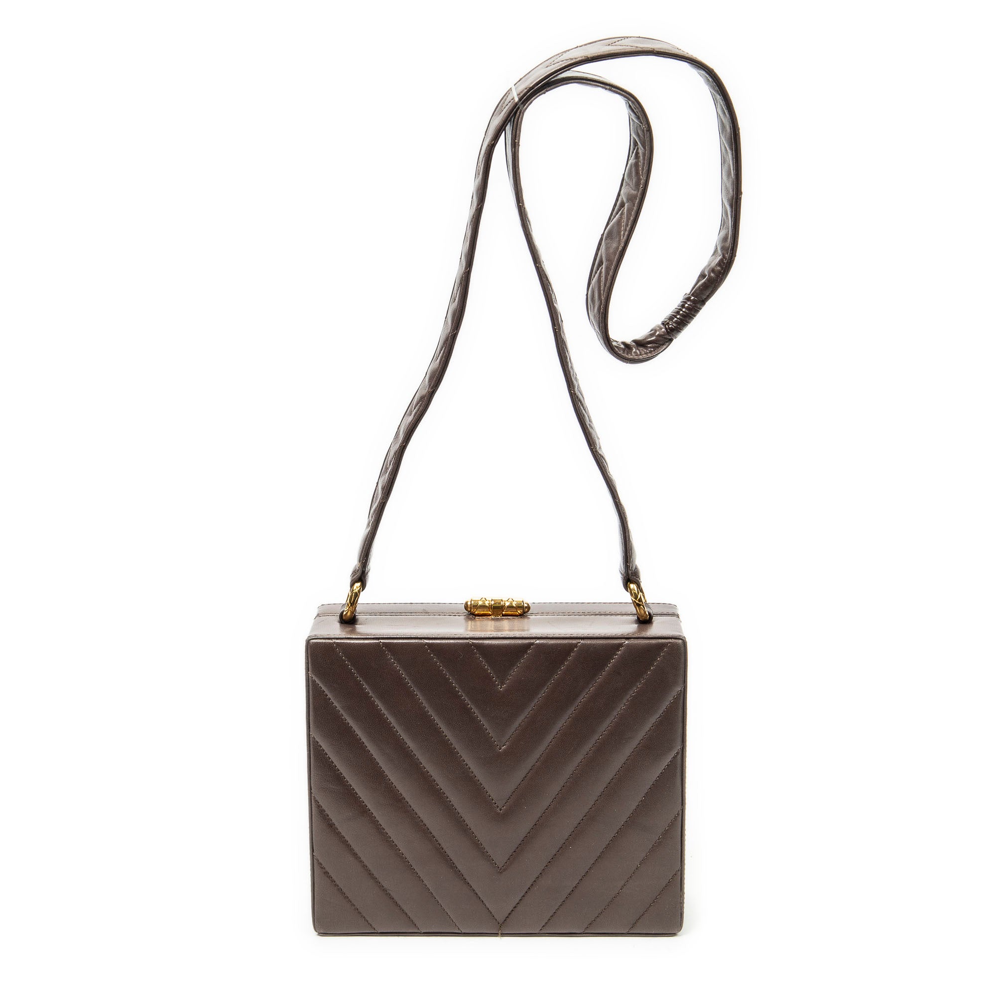Shoulder Bag Vintage CC Square Box Bag Brown Quilted Chevron Leather