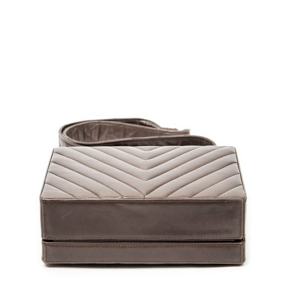 Shoulder Bag Vintage CC Square Box Bag Brown Quilted Chevron Leather