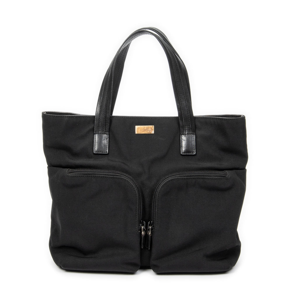 Handbag Double Pocket Tote Black Nylon Canvas
