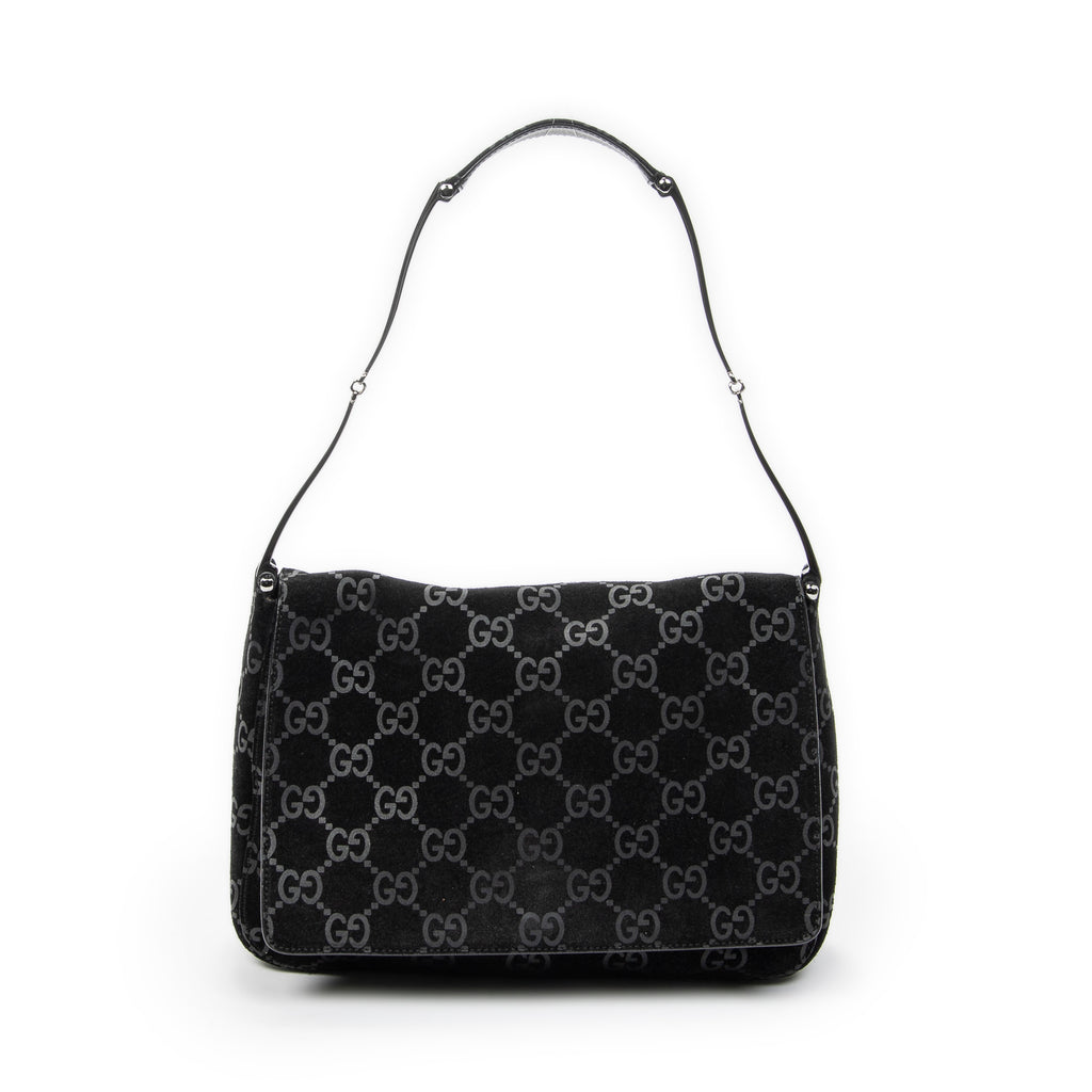Shoulder Bag Vintage Metal Handle Flap Black Monogrammed Suede Leather