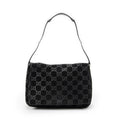Shoulder Bag Vintage Metal Handle Flap Black Monogrammed Suede Leather