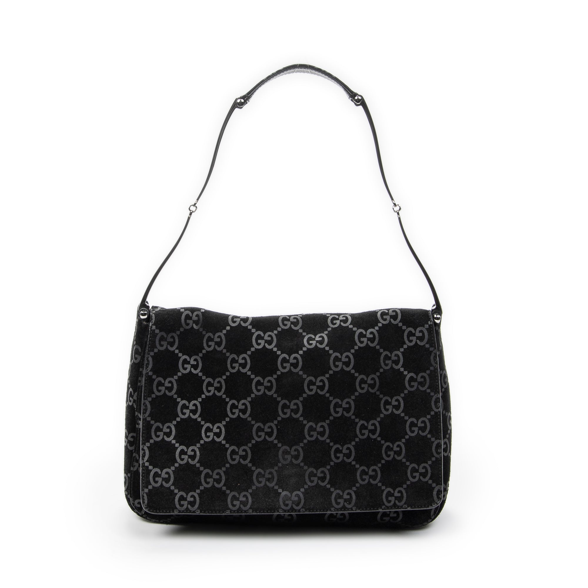 Shoulder Bag Vintage Metal Handle Flap Black Monogrammed Suede Leather