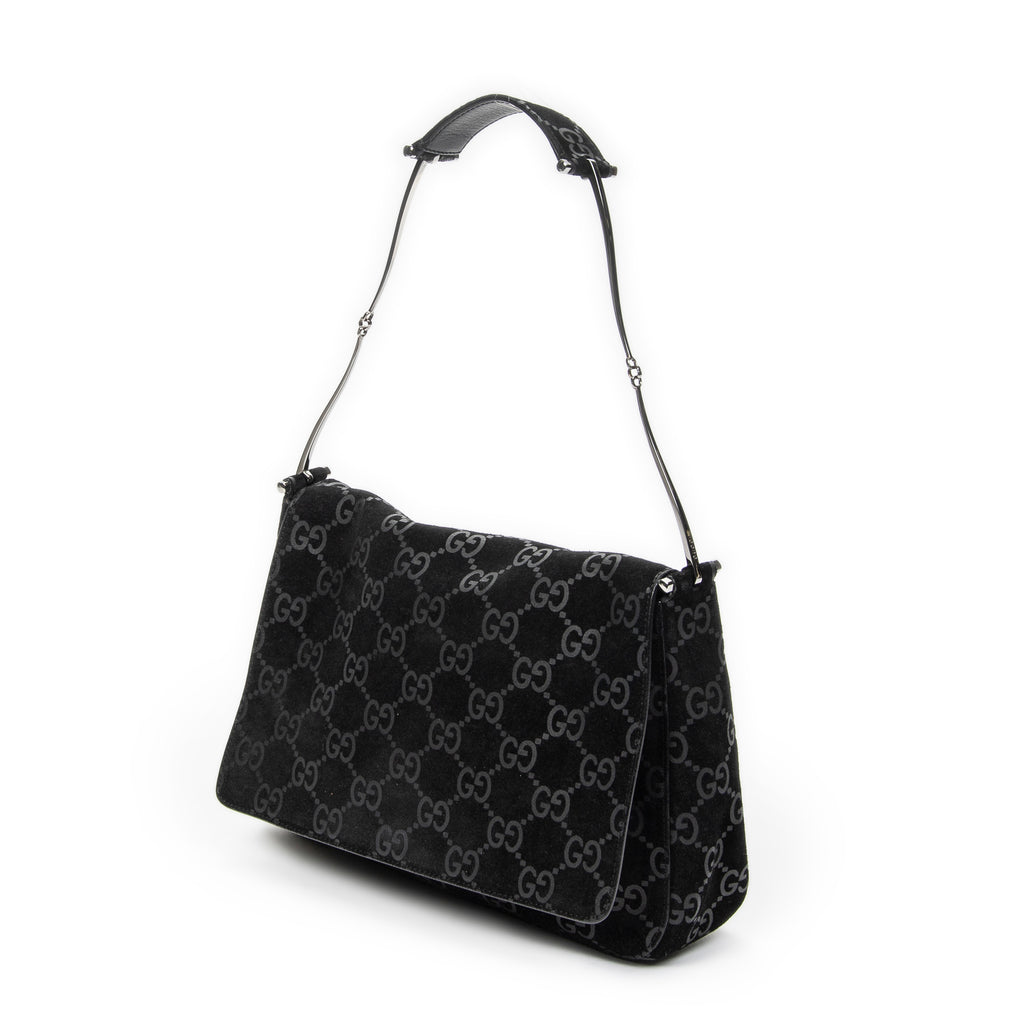 Shoulder Bag Vintage Metal Handle Flap Black Monogrammed Suede Leather