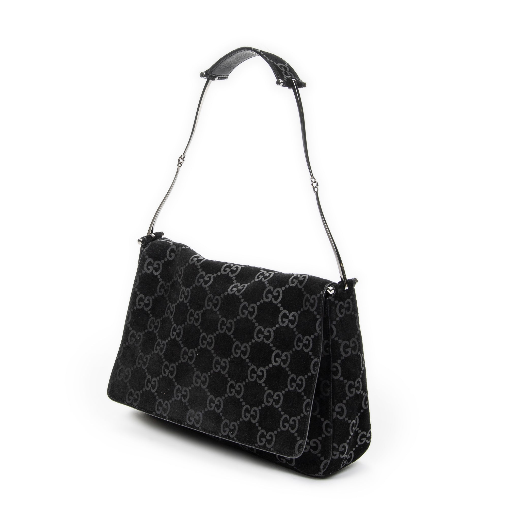 Shoulder Bag Vintage Metal Handle Flap Black Monogrammed Suede Leather