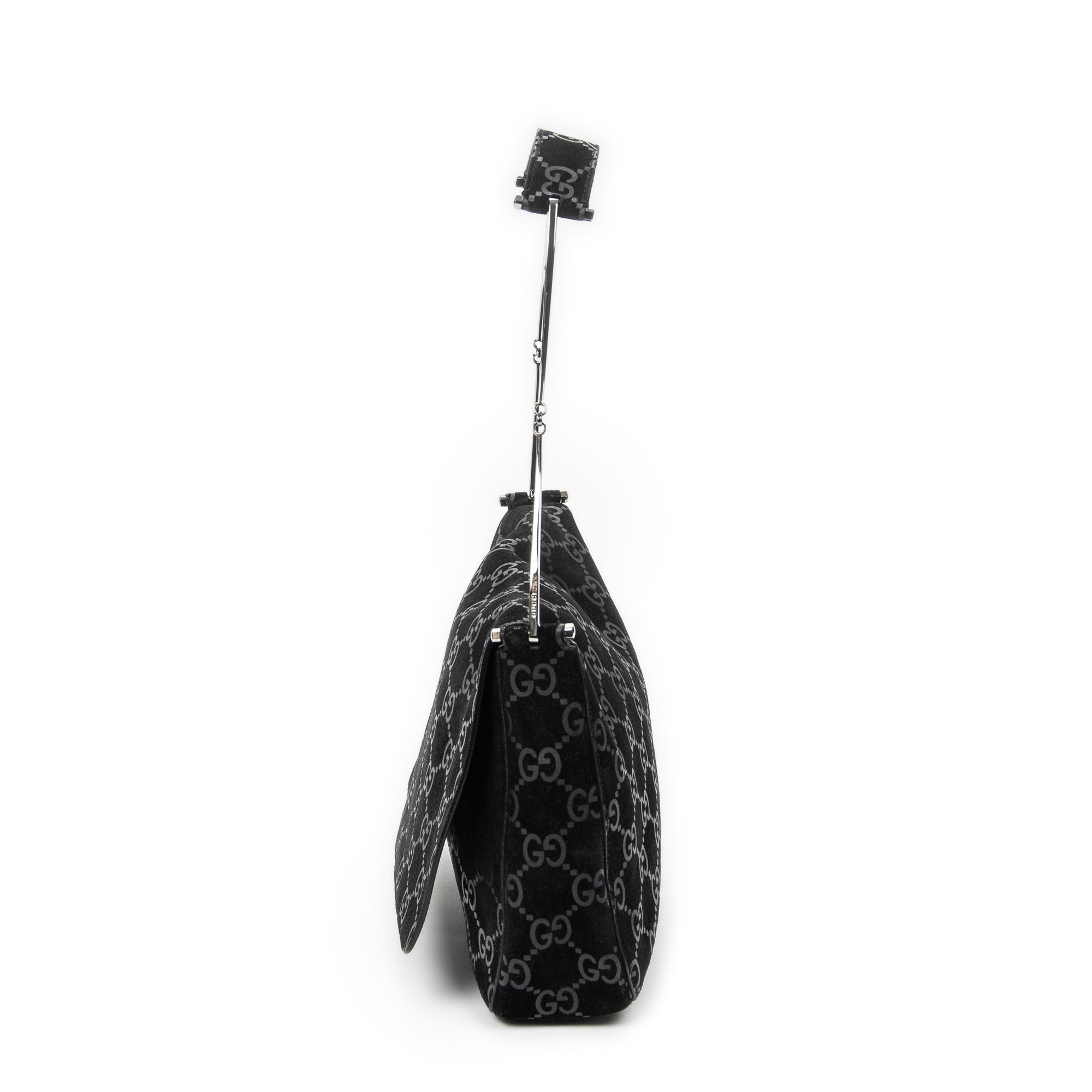 Shoulder Bag Vintage Metal Handle Flap Black Monogrammed Suede Leather