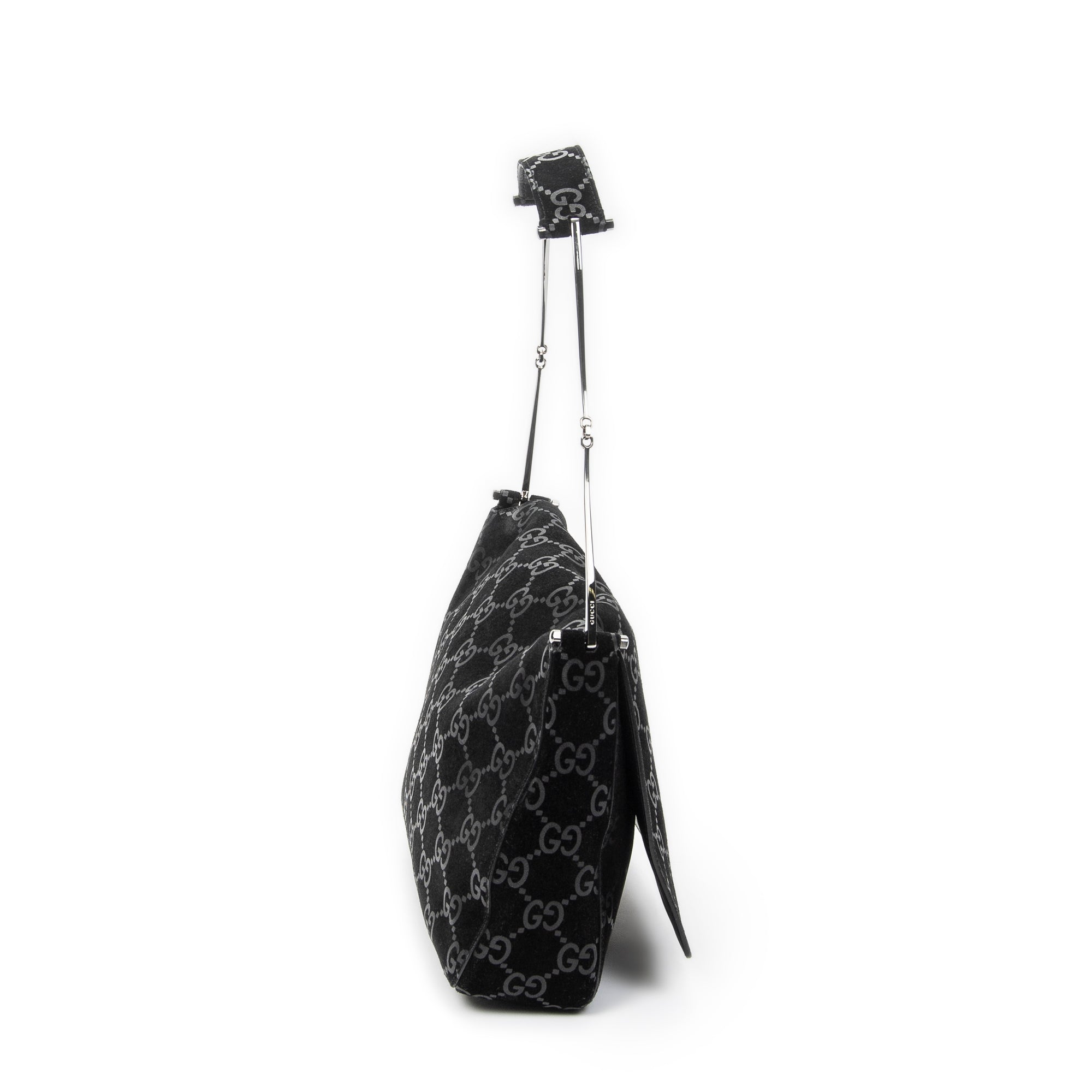 Shoulder Bag Vintage Metal Handle Flap Black Monogrammed Suede Leather