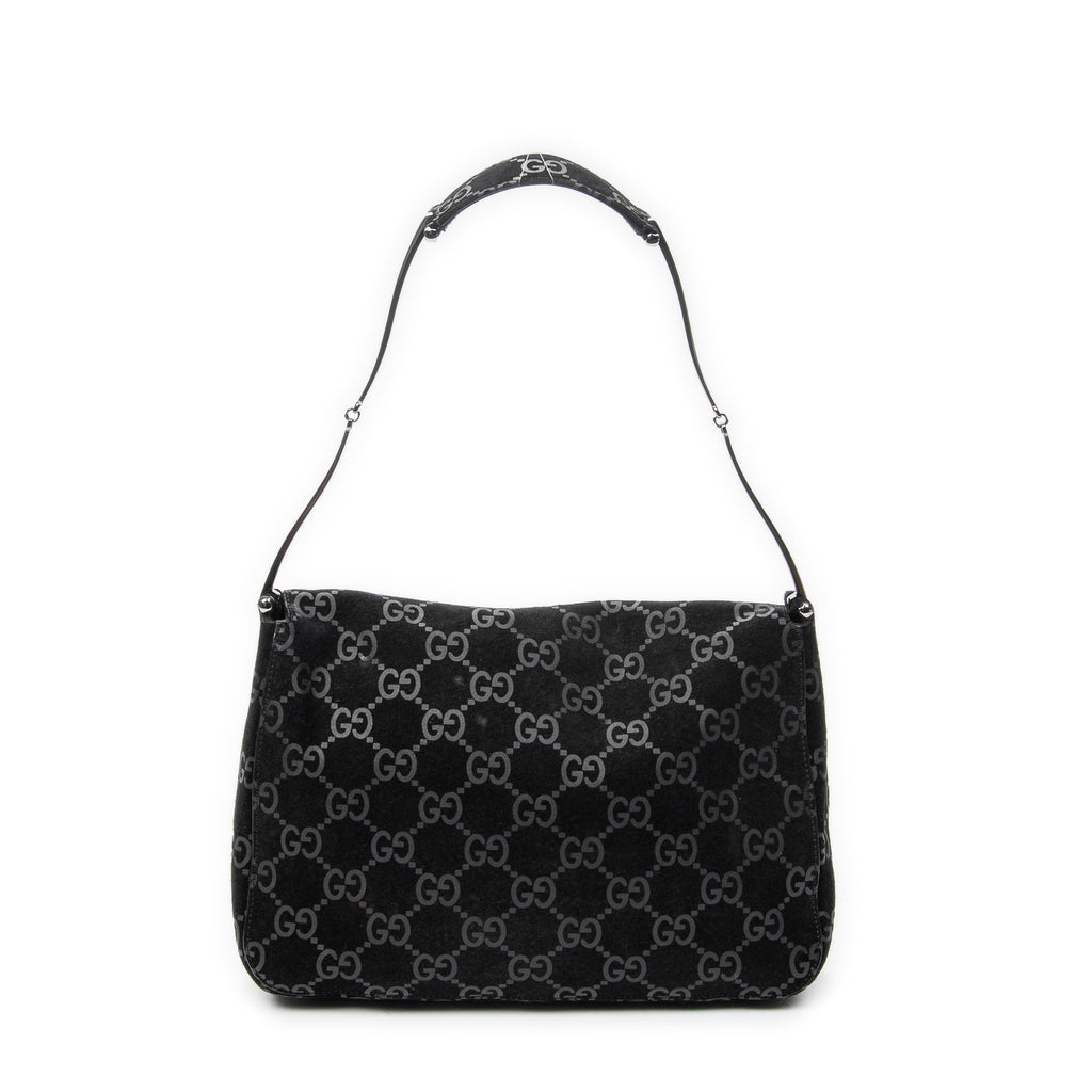 Shoulder Bag Vintage Metal Handle Flap Black Monogrammed Suede Leather
