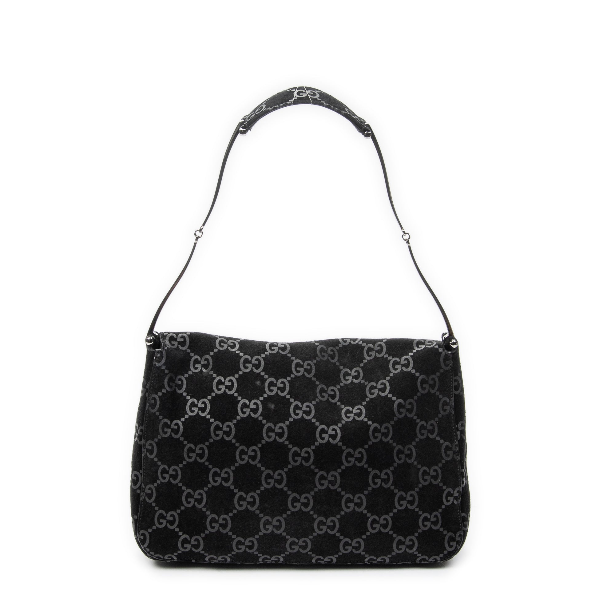 Shoulder Bag Vintage Metal Handle Flap Black Monogrammed Suede Leather