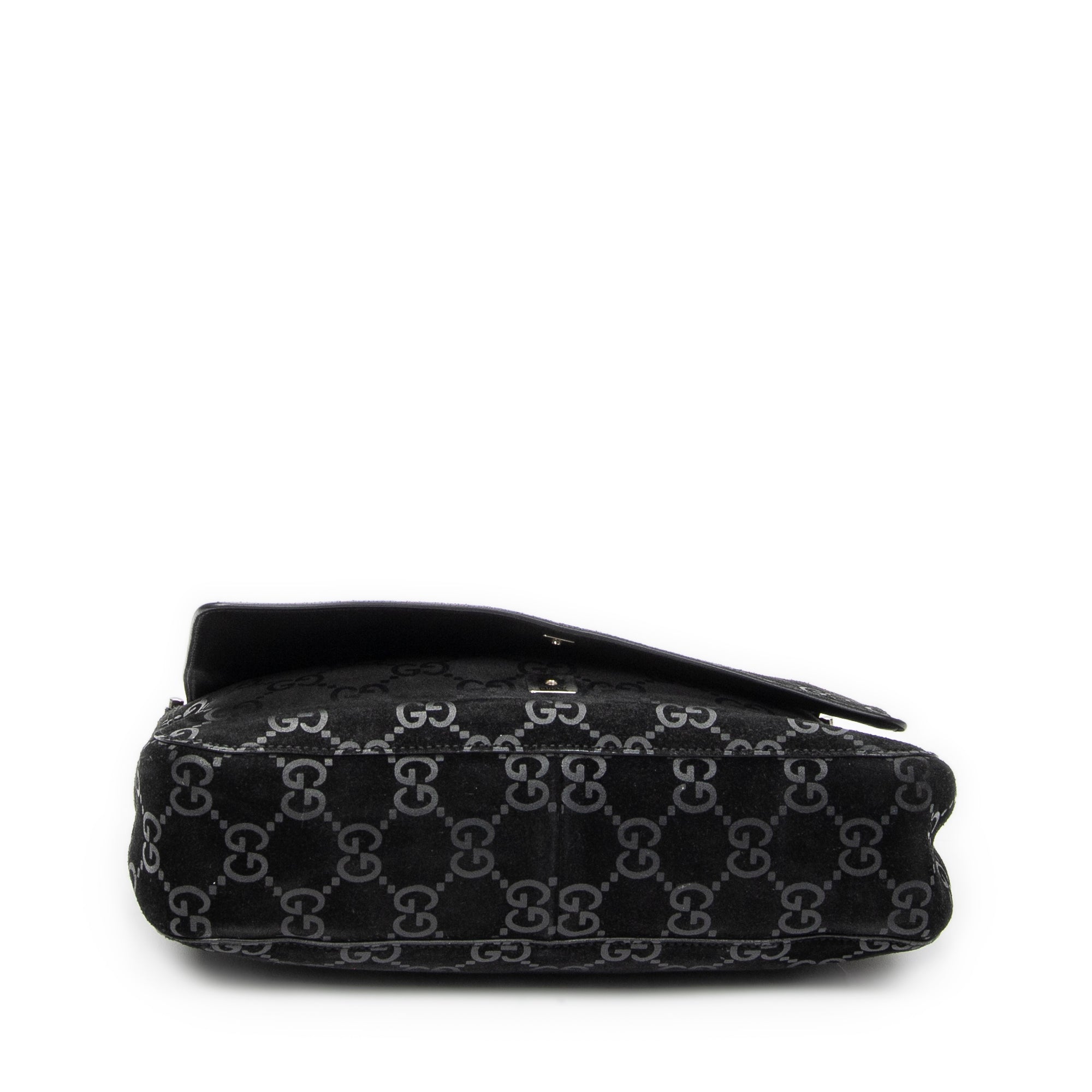 Shoulder Bag Vintage Metal Handle Flap Black Monogrammed Suede Leather