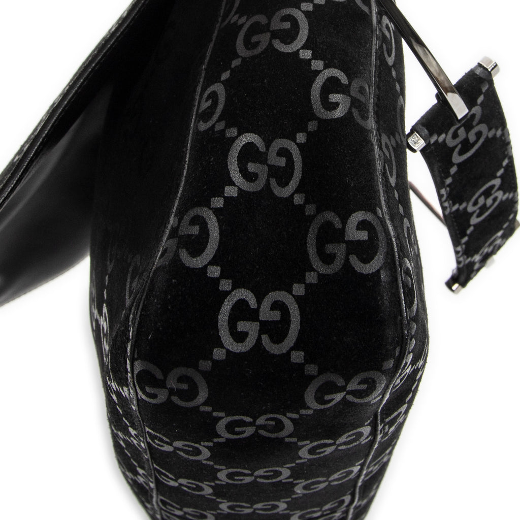 Shoulder Bag Vintage Metal Handle Flap Black Monogrammed Suede Leather