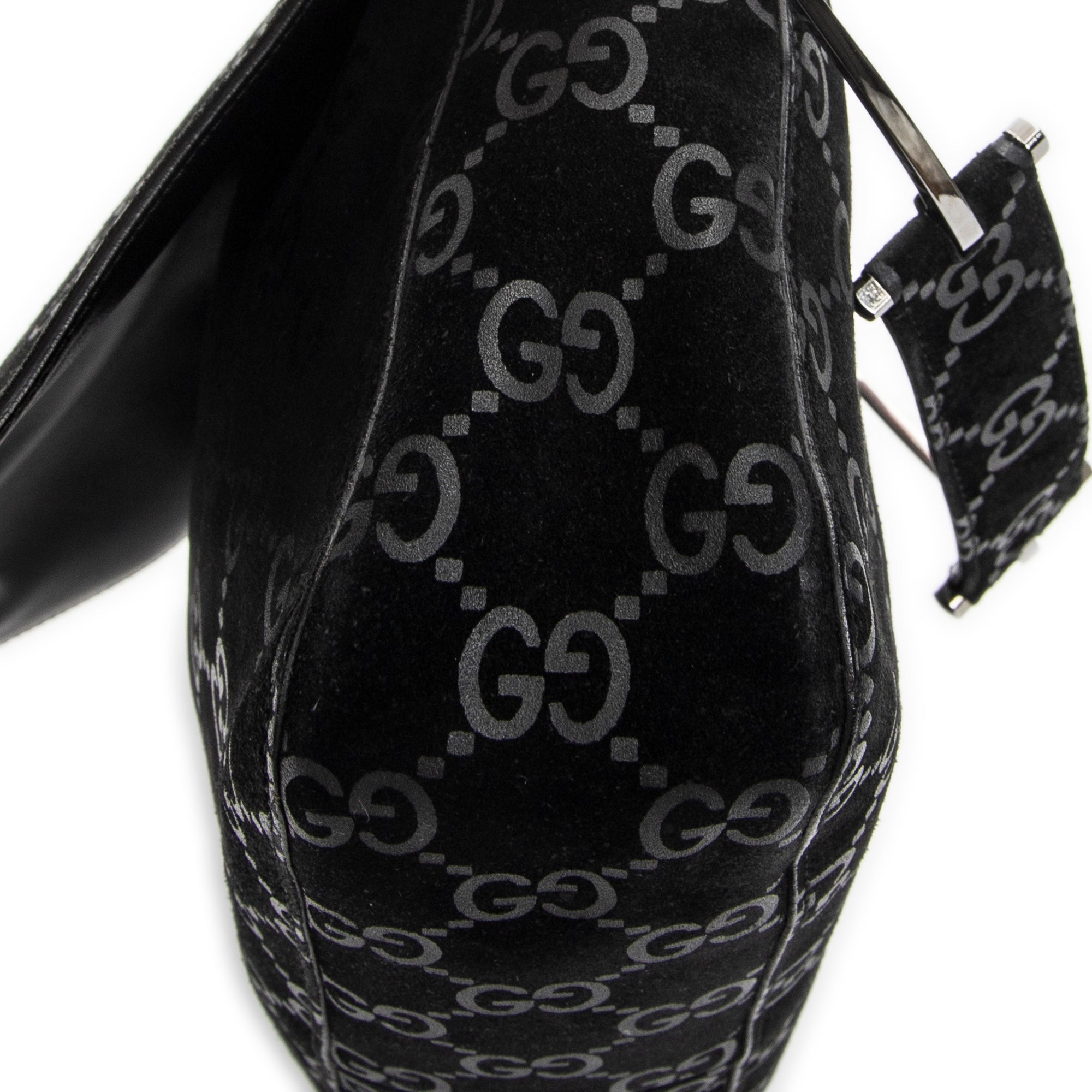 Shoulder Bag Vintage Metal Handle Flap Black Monogrammed Suede Leather