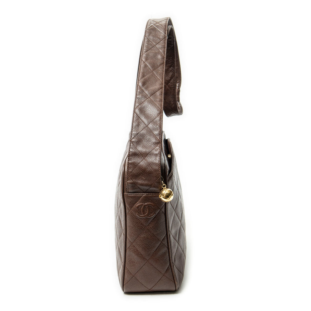 Shoulder Bag CC Ball Charm Messenger Brown Quilted Caviar Leather