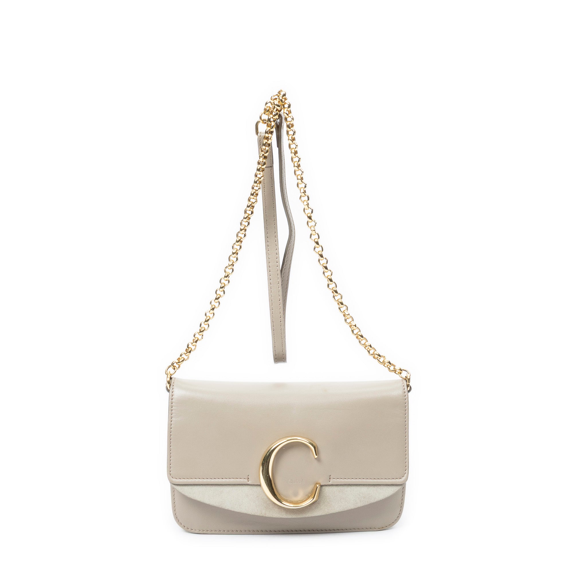Shoulder Bag C Chain Clutch Taupe Calfskin Leather