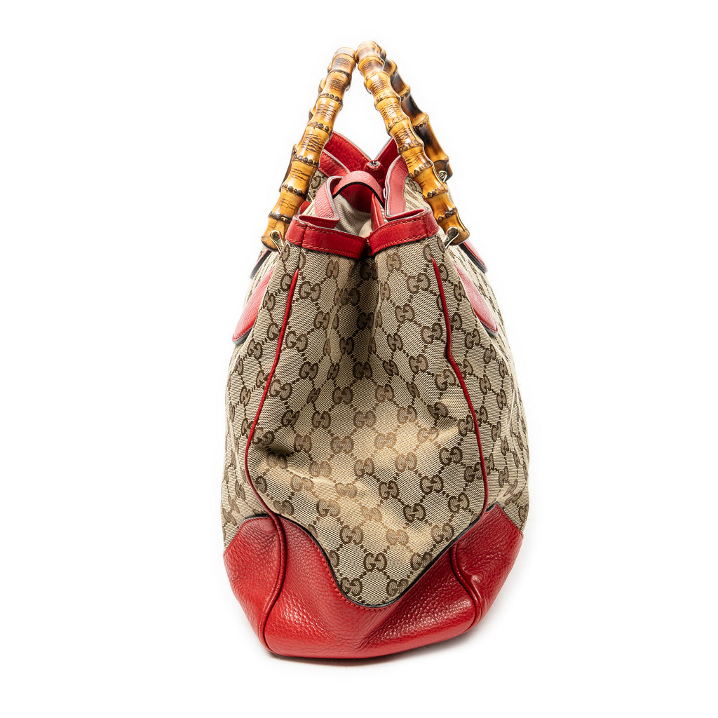 Shoulder Bag Large Bamboo Handle Tote Beige Monogrammed Canvas