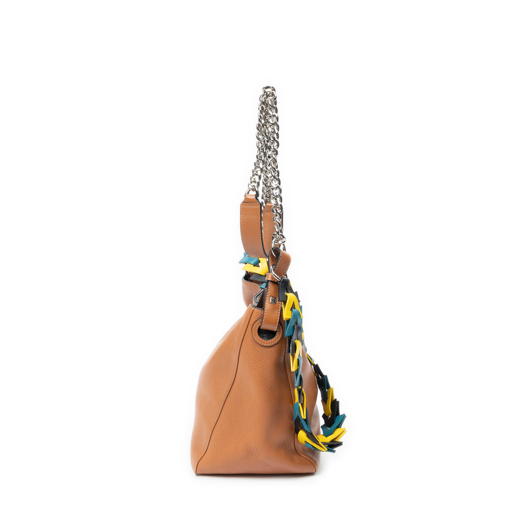 Shoulder Bag V Bucket Bag Brown Grained Calfskin Leather