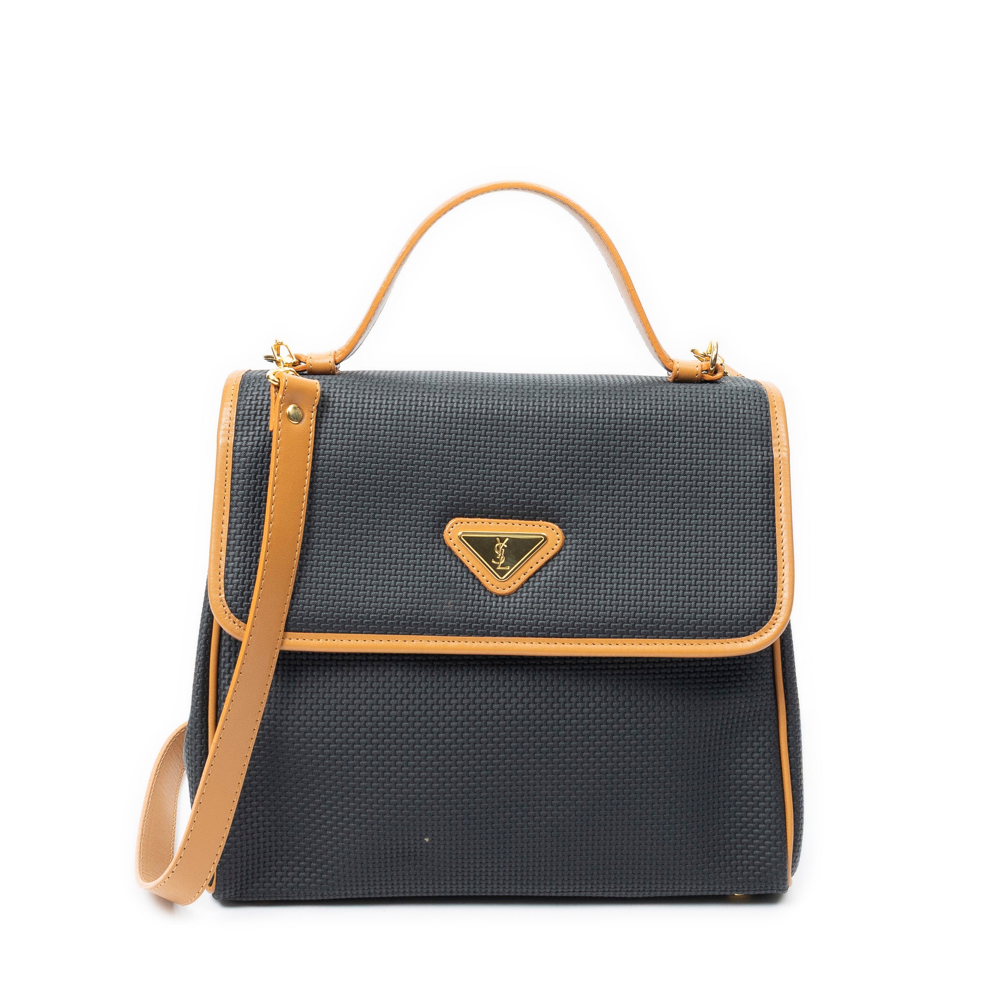 Shoulder Bag Vintage Flap Top Handle Black Woven Coated Canvas