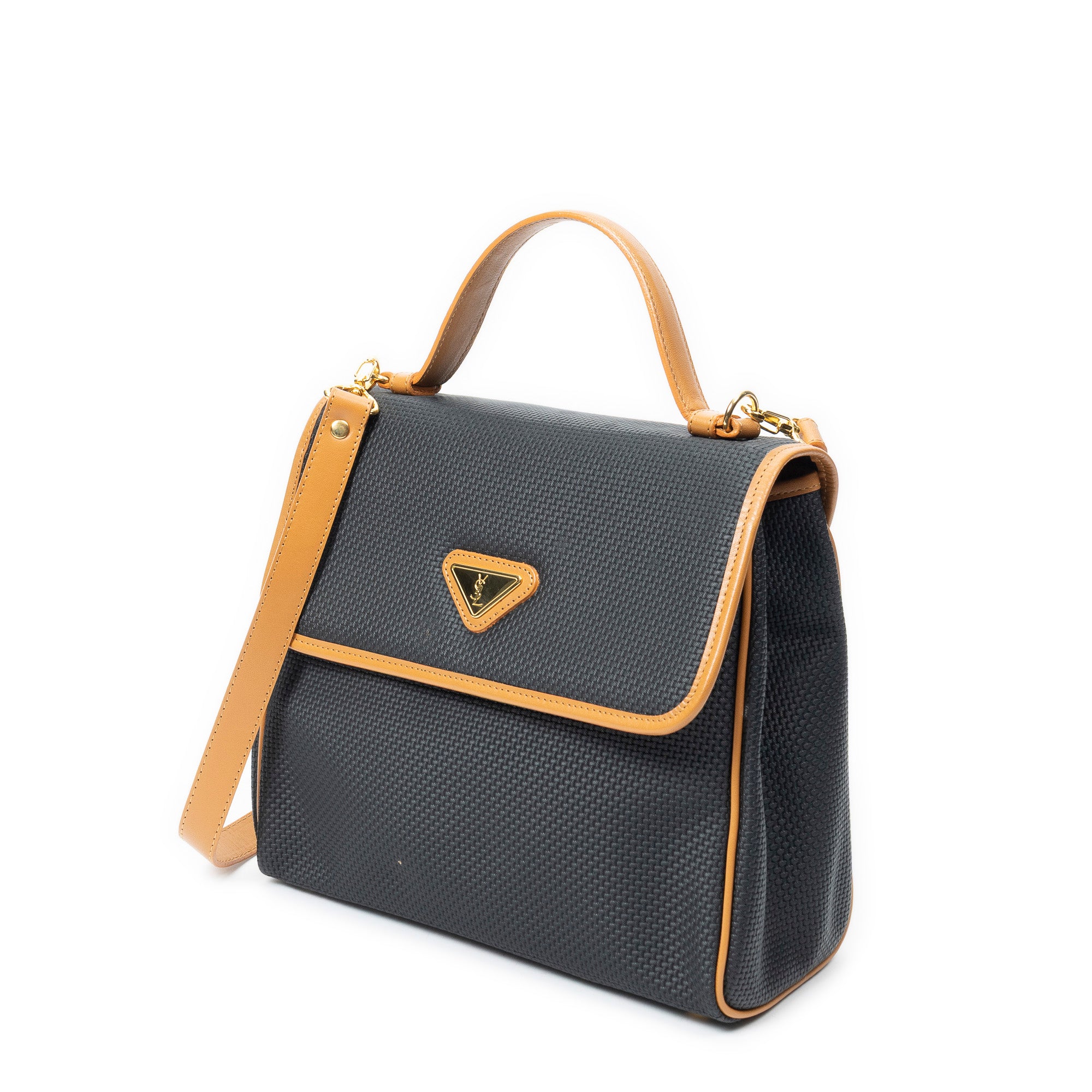 Shoulder Bag Vintage Flap Top Handle Black Woven Coated Canvas