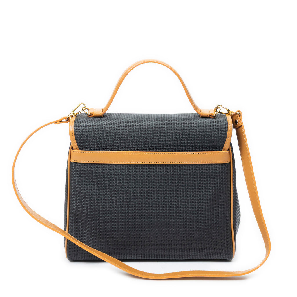 Shoulder Bag Vintage Flap Top Handle Black Woven Coated Canvas