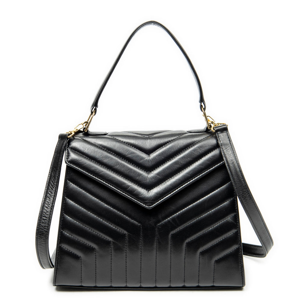 Shoulder Bag Vintage Trapezoid Top Handle Flap Black Chevron Quilted Calfskin Leather