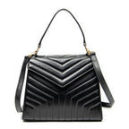 Shoulder Bag Vintage Trapezoid Top Handle Flap Black Chevron Quilted Calfskin Leather