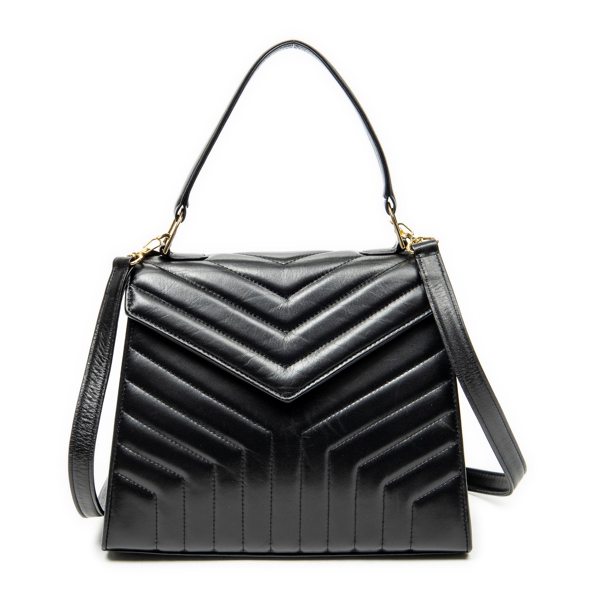 Shoulder Bag Vintage Trapezoid Top Handle Flap Black Chevron Quilted Calfskin Leather