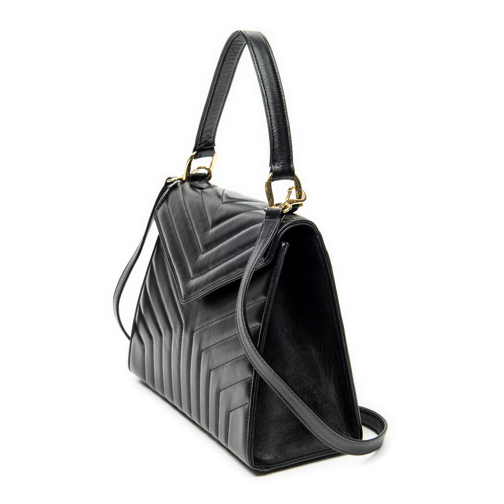 Shoulder Bag Vintage Trapezoid Top Handle Flap Black Chevron Quilted Calfskin Leather