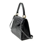 Shoulder Bag Vintage Trapezoid Top Handle Flap Black Chevron Quilted Calfskin Leather