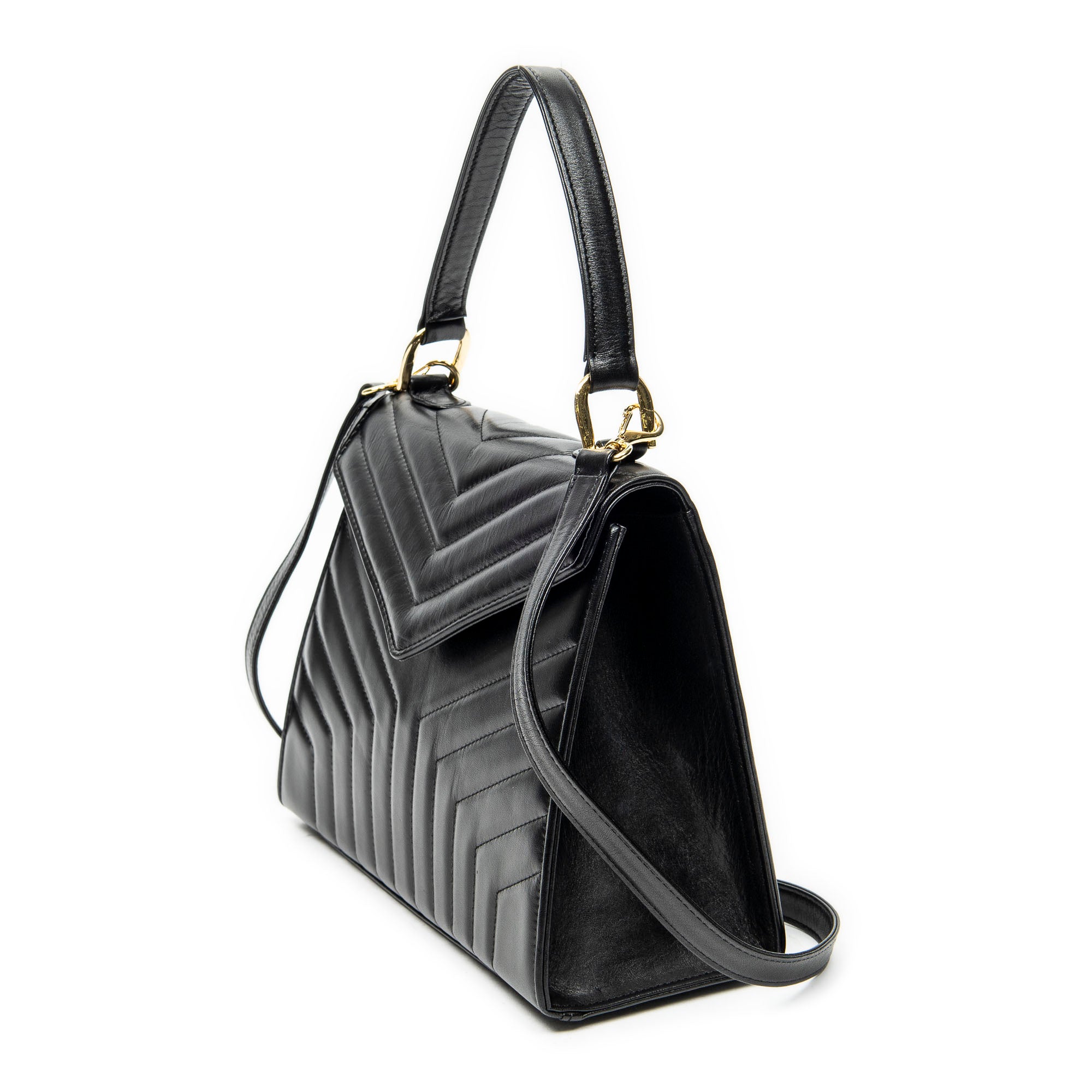 Shoulder Bag Vintage Trapezoid Top Handle Flap Black Chevron Quilted Calfskin Leather