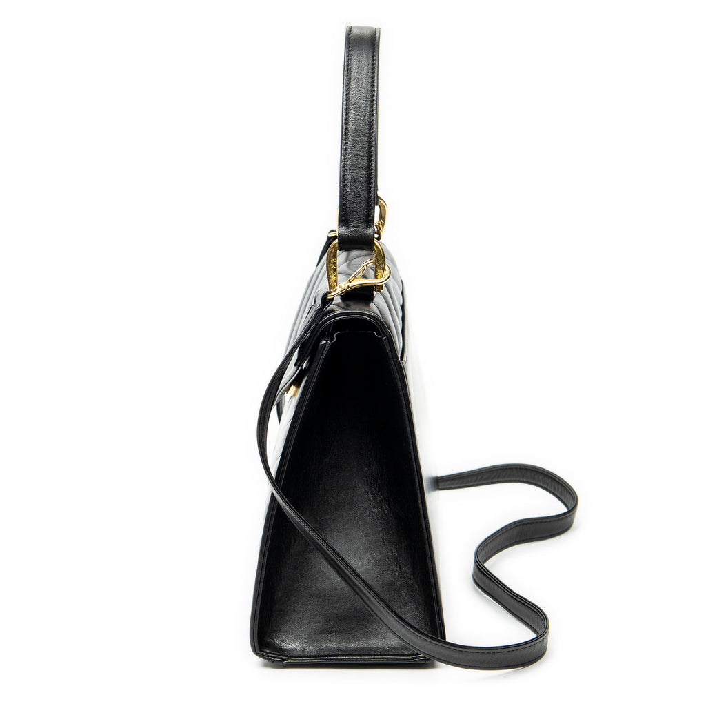 Shoulder Bag Vintage Trapezoid Top Handle Flap Black Chevron Quilted Calfskin Leather