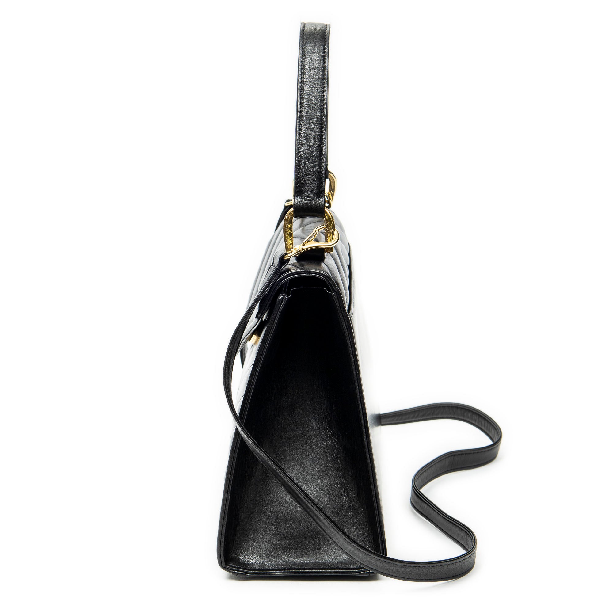 Shoulder Bag Vintage Trapezoid Top Handle Flap Black Chevron Quilted Calfskin Leather