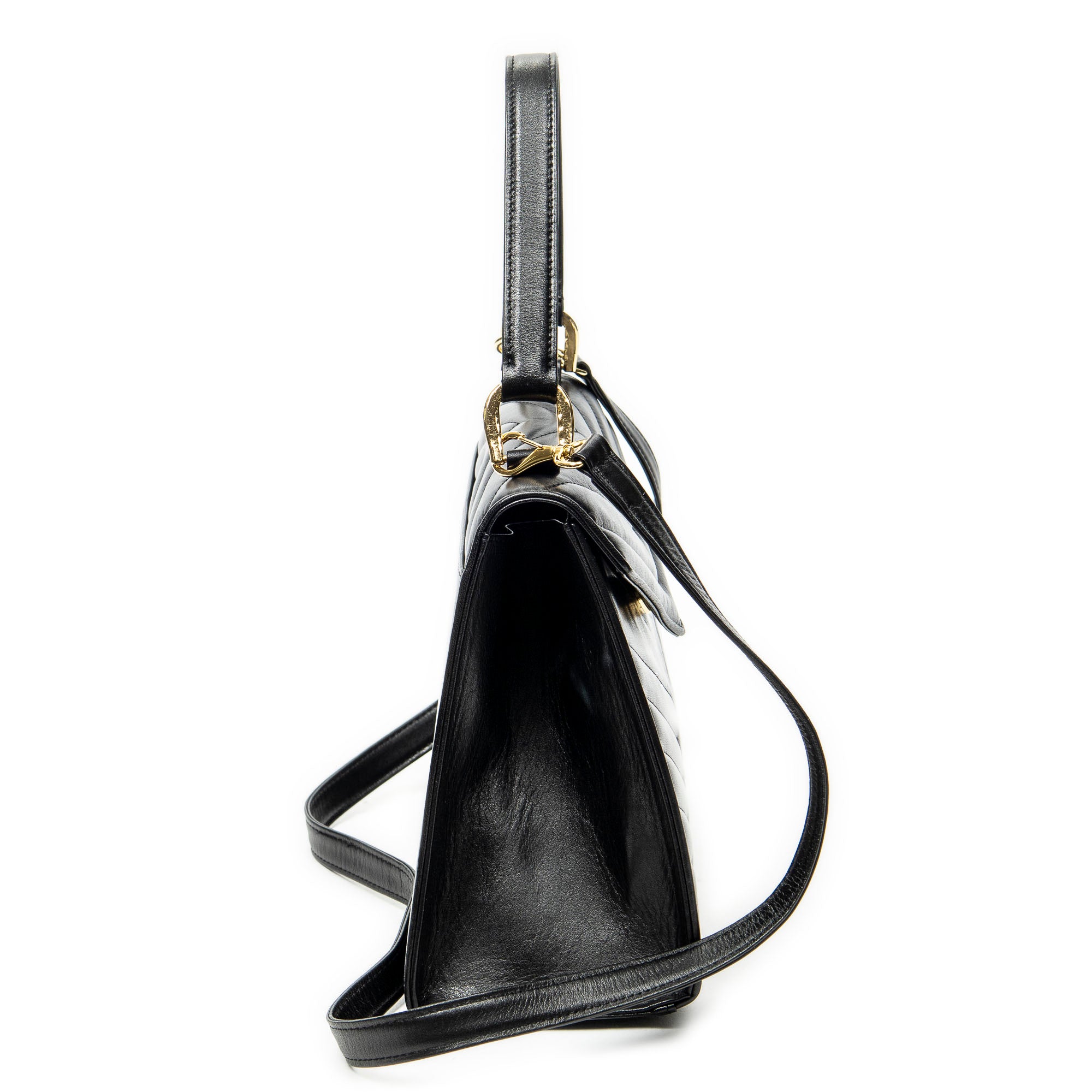 Shoulder Bag Vintage Trapezoid Top Handle Flap Black Chevron Quilted Calfskin Leather